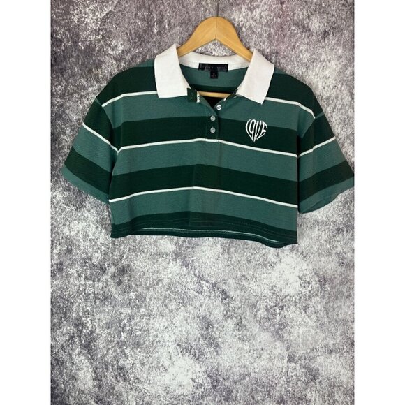 Faded Green White Striped Cropped Preppy Polo Shirt Top Women's Small - Picture 1 of 9